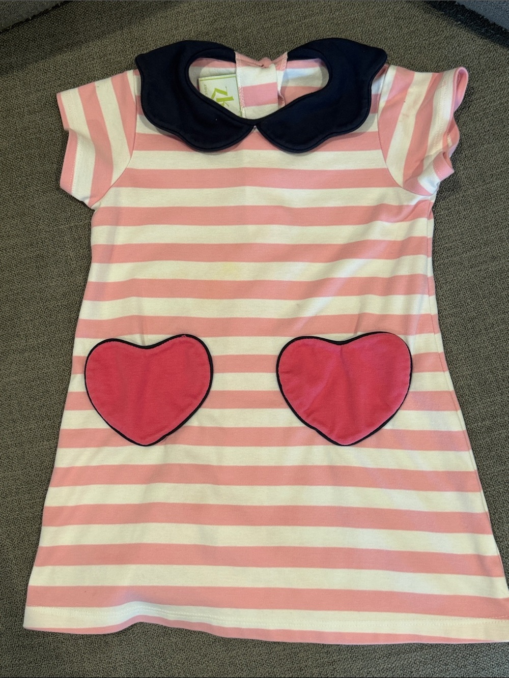 Kids Pink & White Stripe Heart Pocket Dress with Navy Collar